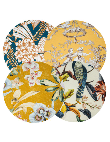 4 sottopiatti cotone: Maria Antonietta Giallo, Bouganville nera, Tucano, Orchidea gialla