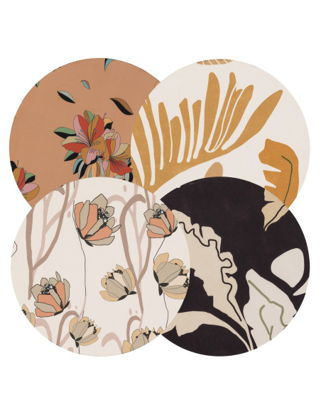 4 sottopiatti effetto seta: Alocasia bianca, Fresia, Daffodil, Alocasia nera