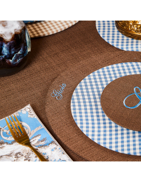Segnaposto Marron Cotone Effetto Lino, Lettera Turchese